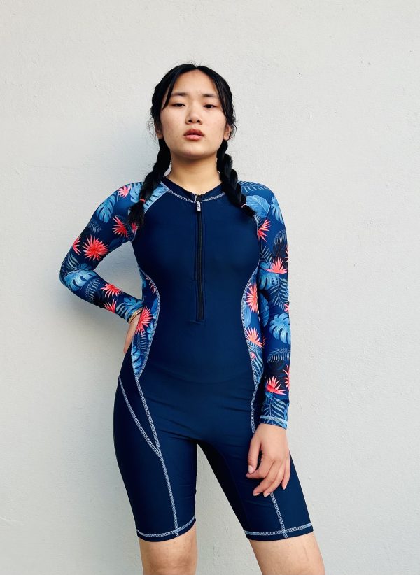 Blue Floral Leaf Swim Suit